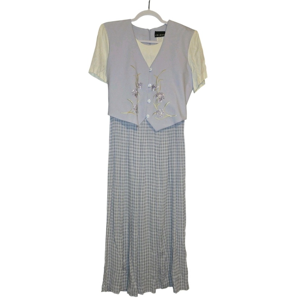 Vintage Citi Dress Lavender Gingham Floral Embroidery Maxi Dress 90s Cottagecore